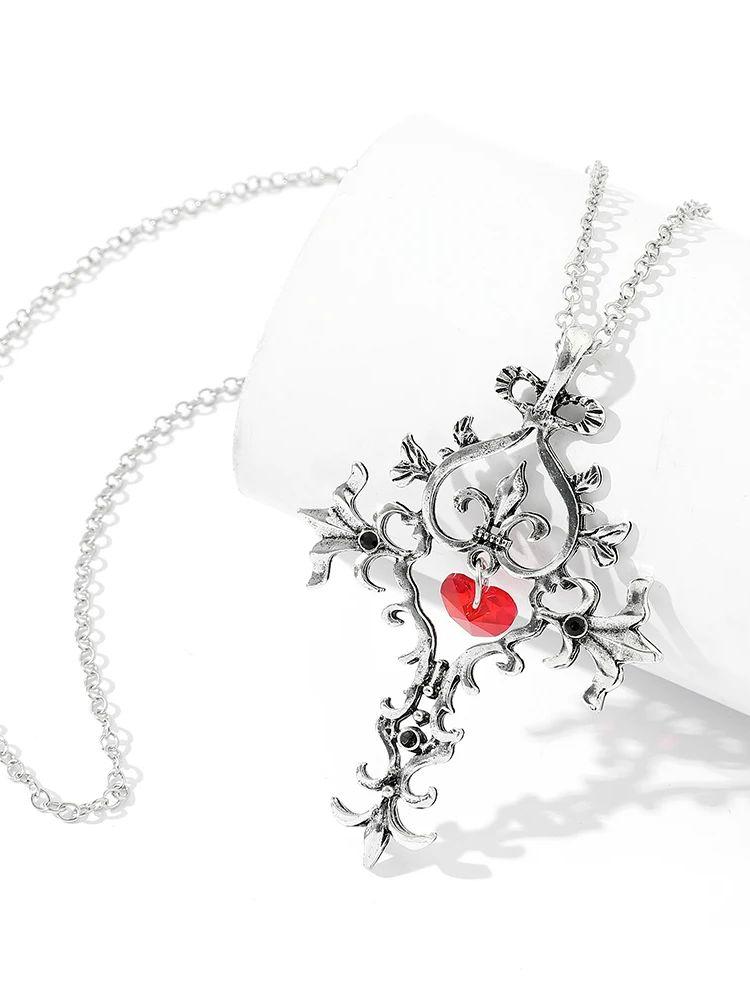 The Vampire Diaries Red Crystal Sacred Heart Cross Pendant Necklace Vintage Gothic Jewelry For Women Girls Gifts