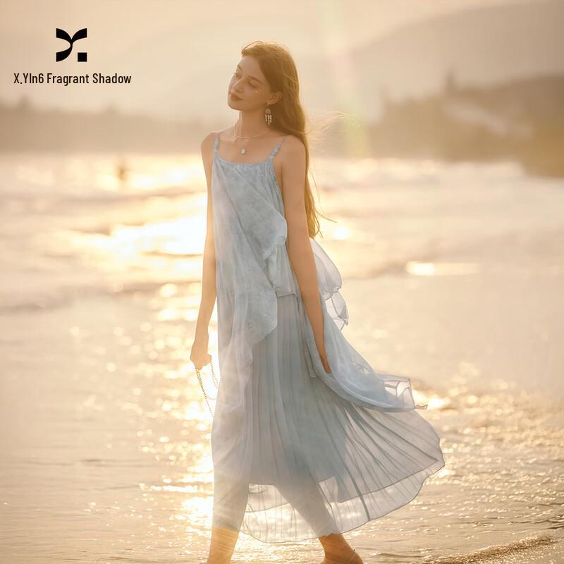 Xiangying Irregular Patchwork A-line Spaghetti Strap Dress M