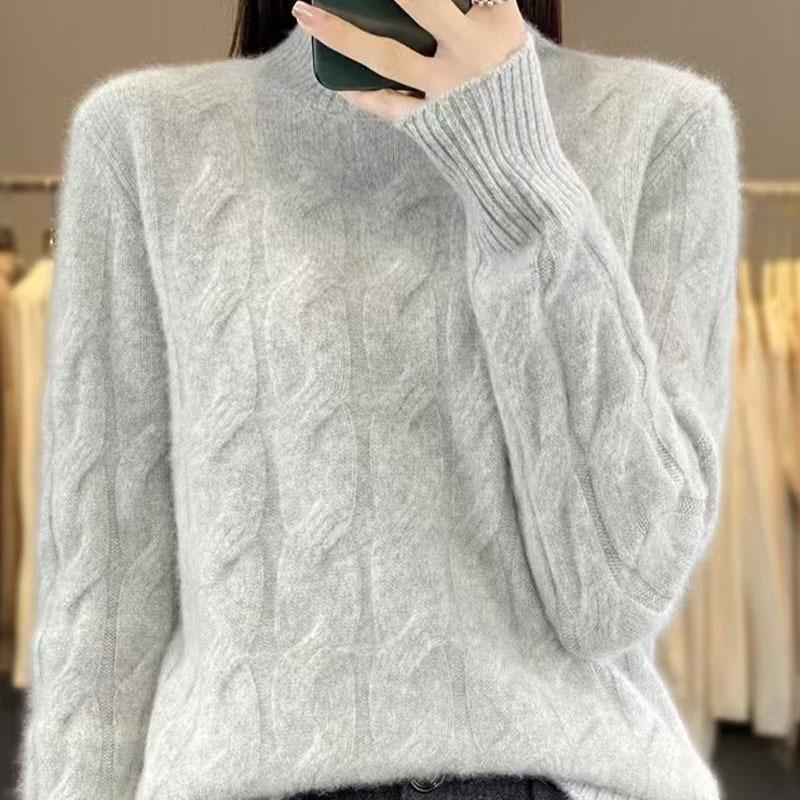 2024 Autumn/Winter Women's Stylish Thickened Cable Knit Wool Sweater - Half-High Neck, Soft & Warm Knitwear Base Layer