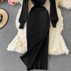 RUGOD Sexy Round Neck Knitted Slit Dress Women's New Autumn and Winter Bottoming Tight Elastic Wrap Hip Sweater Dress