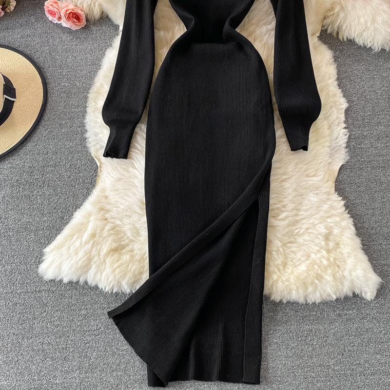 RUGOD Sexy Round Neck Knitted Slit Dress Women's New Autumn and Winter Bottoming Tight Elastic Wrap Hip Sweater Dress