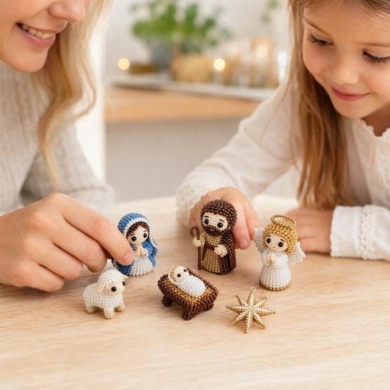 1 Zestaw DIY Szopka Boża Zestaw do Koralikowania, Zestaw Artystyczno-Rękodzielniczy Narodziny Jezusa dla Początkujących Dorosłych, Ręcznie Robiony Zestaw Dekoracji 3D z Koralików, Prezent Religijny dla Chrześcijan