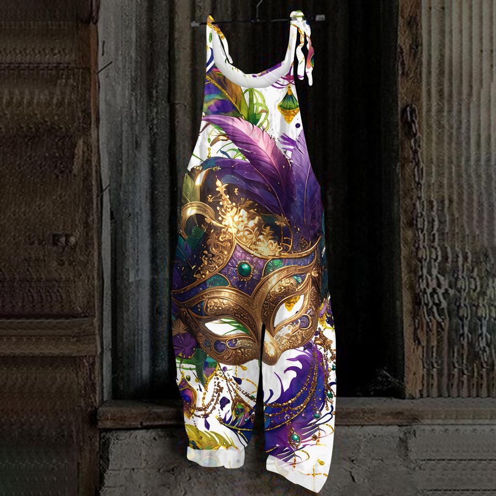 Damski Kombinezon Casual Bez Rękawów z Nadrukiem Maski Karnawałowej Luźny Retro Kombinezon