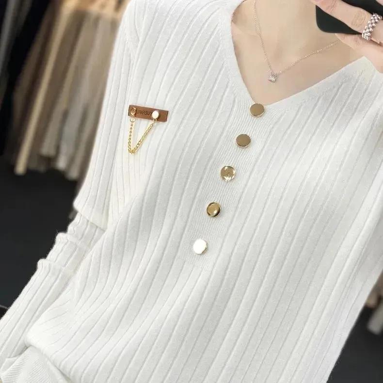 Podzimní a zimní svetr v korejském stylu s výstřihem do V Dámská móda Volný svetr Univerzální košile se spodním okrajem