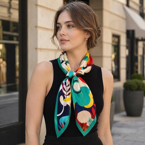 yangyizhi Large Square Headscarf, Simulated Silk Satin Fabric Scarf, Vibrant Floral Print Neck Multi-Purpose Turban Scarf Shawl Hair Tie