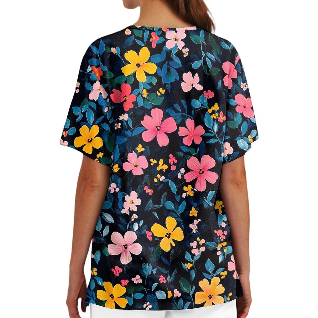 Floral Print V Neck Medical Scrub Top with Pockets Side Slits Short Sleeve Nurse Uniform Shirt for Women Comfortable Fit