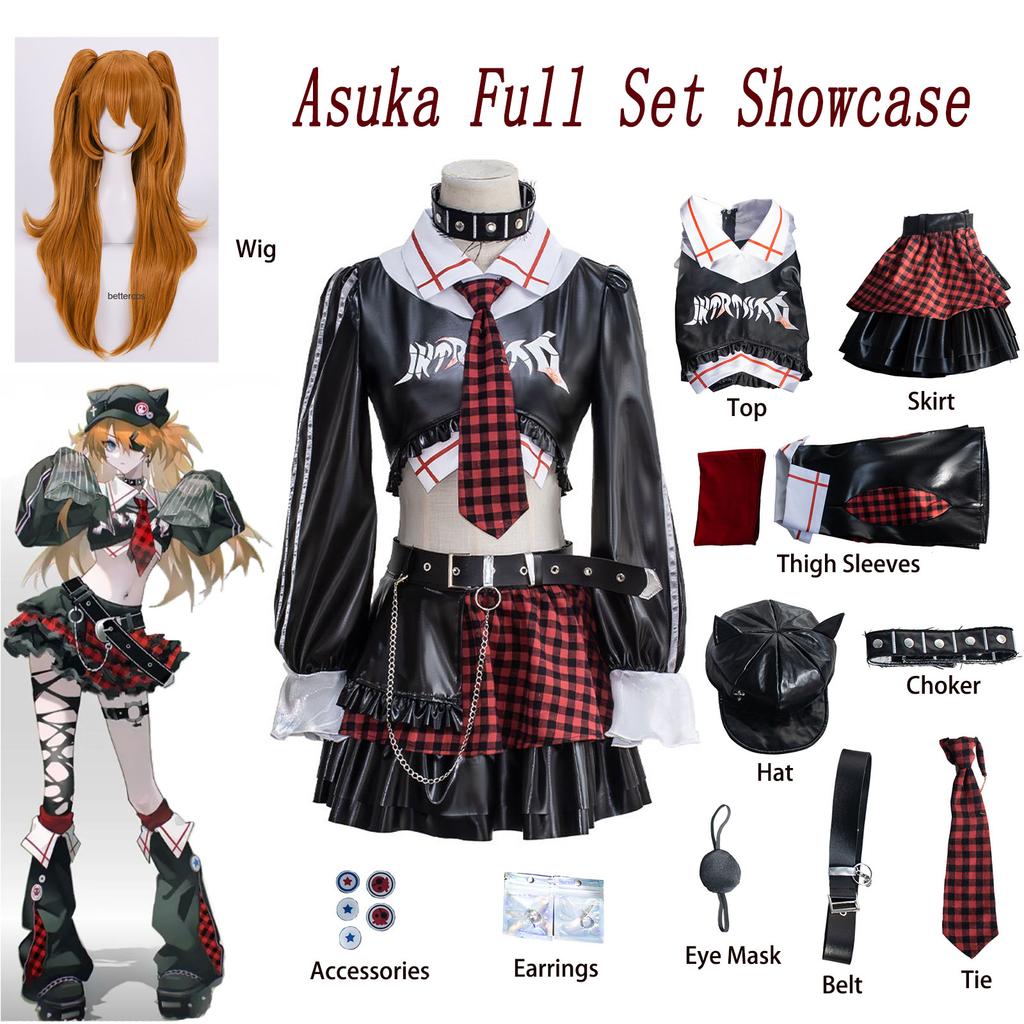 Anime Punk Plaid Cosplay Full Set Black Faux Leather Crop Top Layer Skirt Wig Choker Hat Eye Mask Halloween Women Party Costume