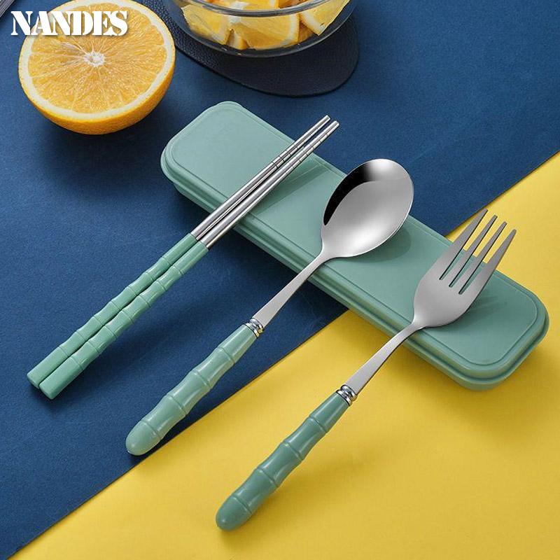 3pcs Set Portable Dinnerware Kit Spoon Fork Chopstick Cutlery Tableware with Box Set Stainless Steel Travelling Dinnerware Set