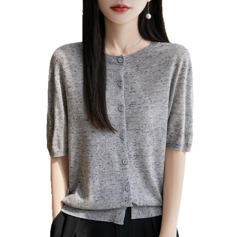 Women's Floral Wool Knit Cardigan - Round Neck, Short Sleeves, 2025 Spring/Summer Collection