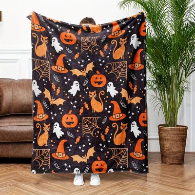 Halloween Decke Kürbis Geist Katze Druck Weich Plüsch Gruselig Festliches Design Heimdeko Sofa Bett Wohnzimmer Feiertagsparty Geschenk