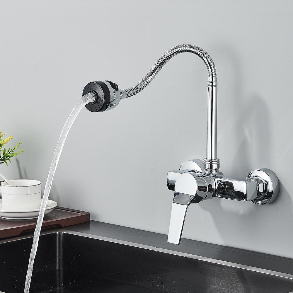 Wall Mounted Double Hole Kitchen Lead Free Hot and Cold Water Mixing Faucet Water Flow Spray Aerator 360 Degree Rotating Hose