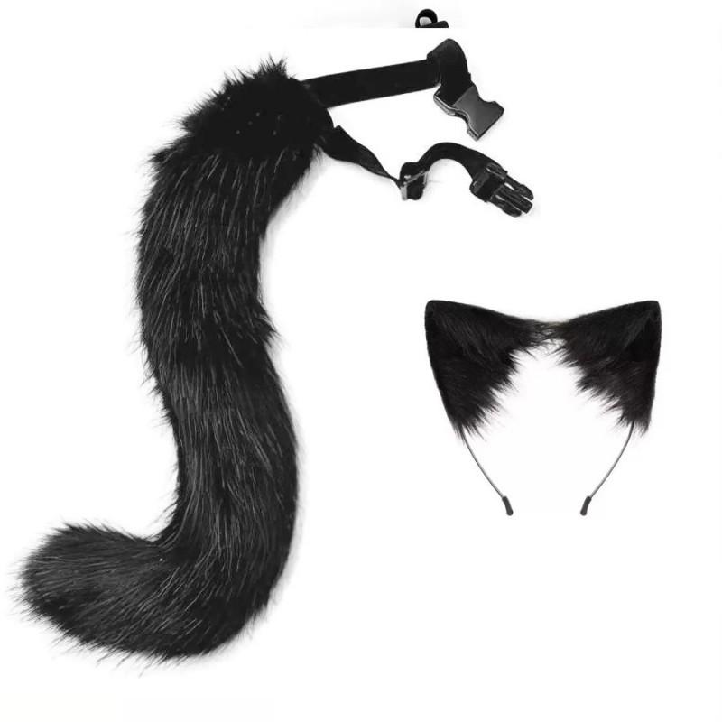 Cosplay Furry Ear Headband Tail Set With Bell Collar Anime Fans Adult Costume Accessories