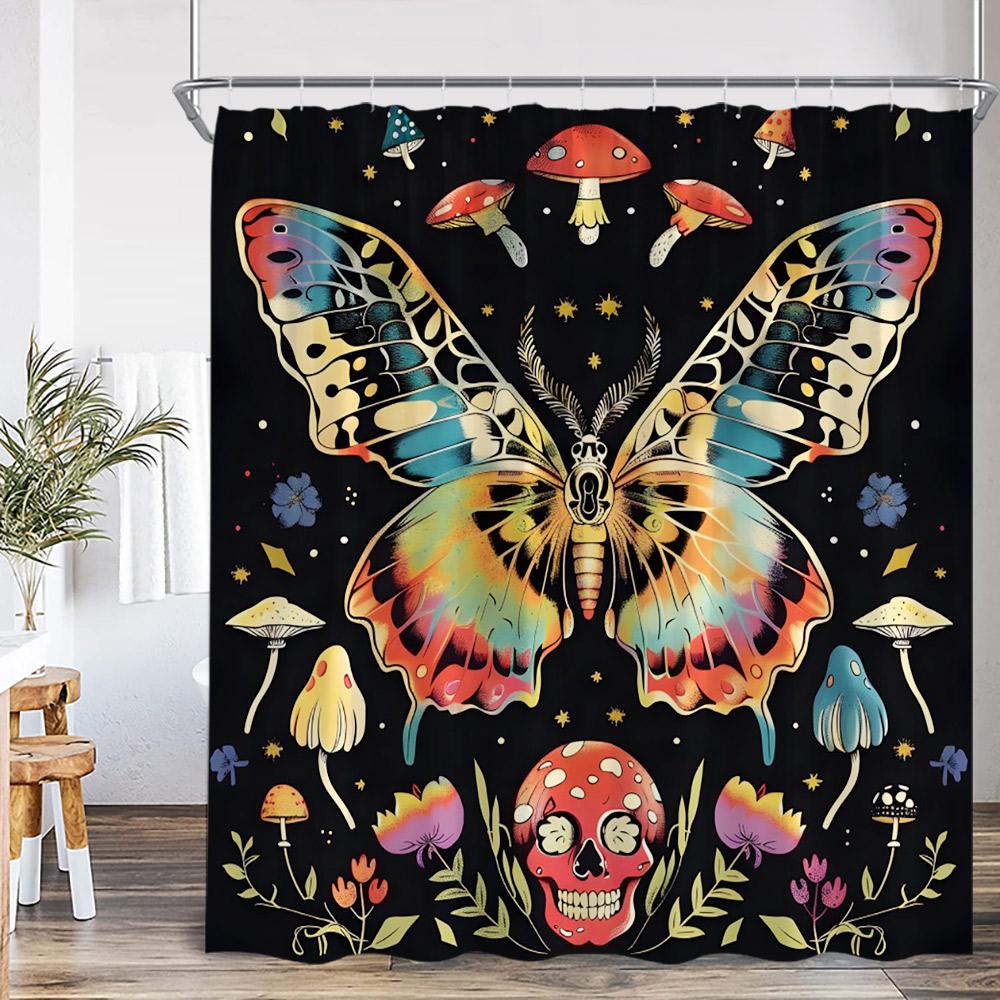 Vintage Butterfly Floral Shower Curtain Dragonfly Flower Moon Plant Skull Witch Magic Bath Curtain Retro Bathtub Decor with Hook