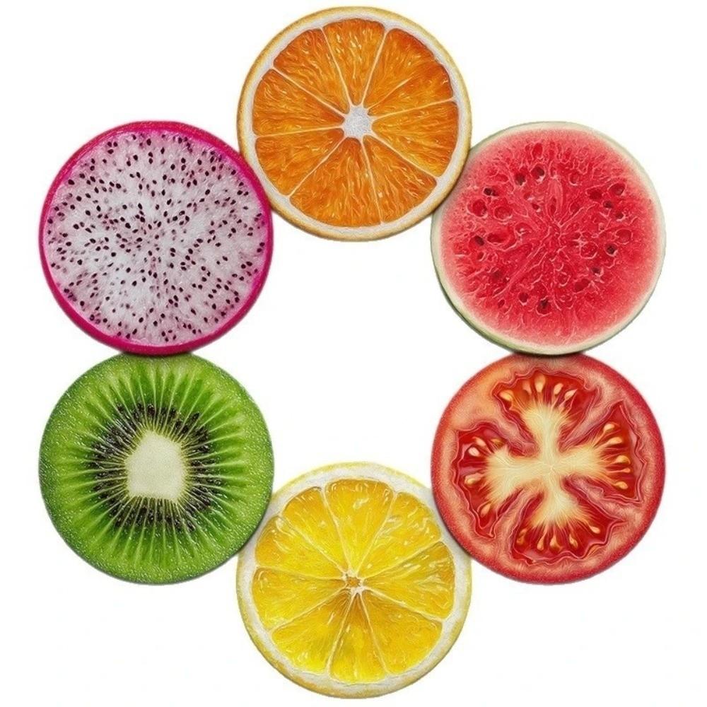 6 Pieces Wooden Heat Insulation Pad Fruit Pattern Non-Slip Tableware Mat Round Cup Mat Table Decor