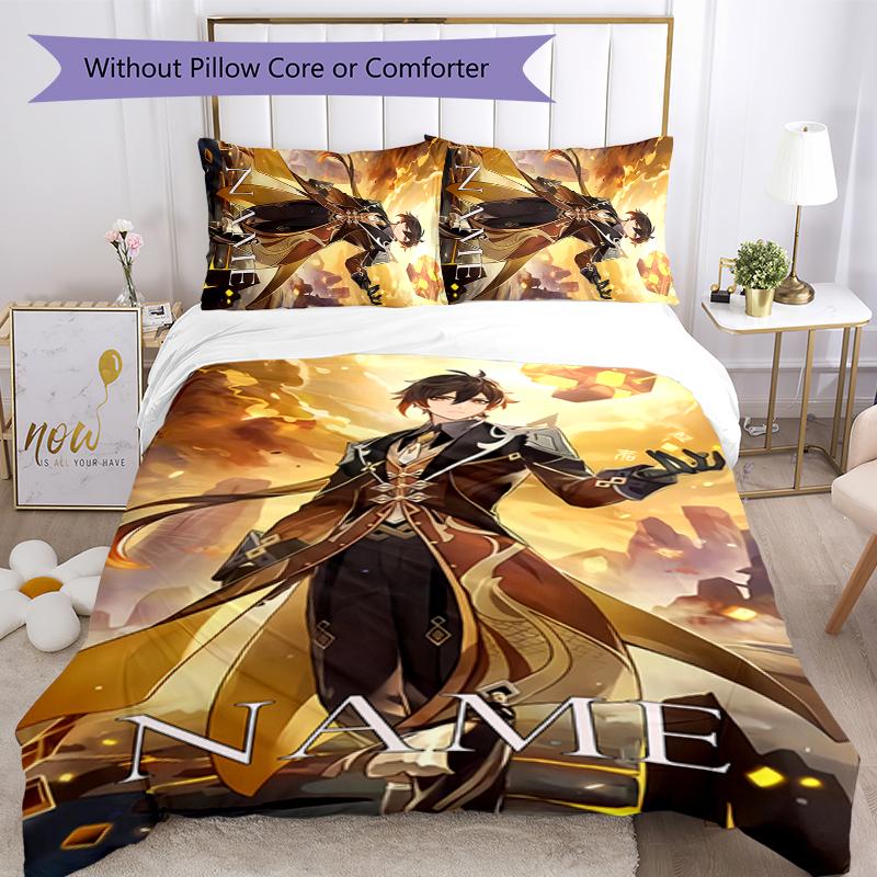 Juego de Ropa de Cama con Nombre Personalizado de Personajes de Genshin Impact de 3 Piezas Funda Nórdica con Cierre Incluye 1 Funda Nórdica y 2 Fundas de Almohada para Todas las Estaciones Decoración de Dormitorio