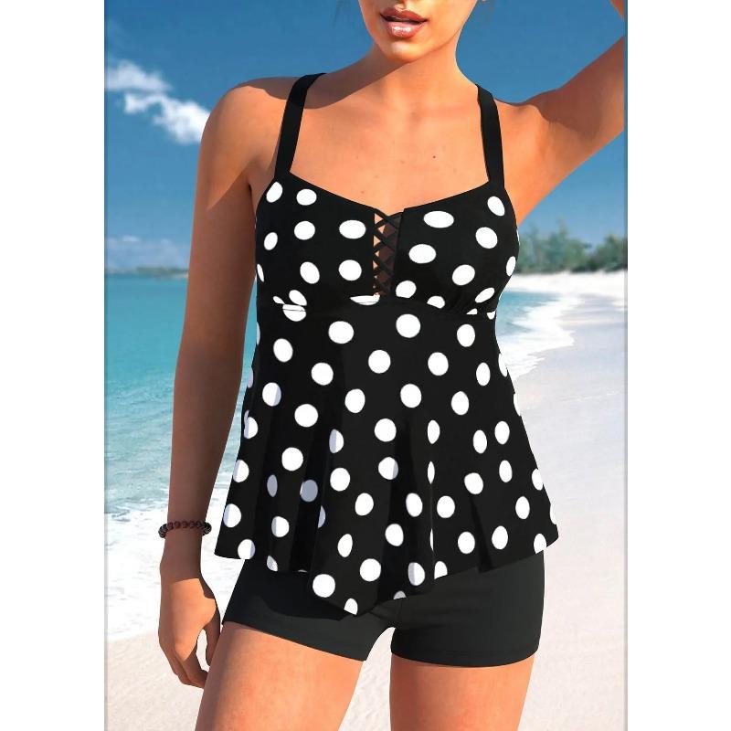 New High-quality Summer Ladies Double Straps Swimsuit Versatile Black and White Spots Printed Tankini Shorts Two-piece Set S-6XL
