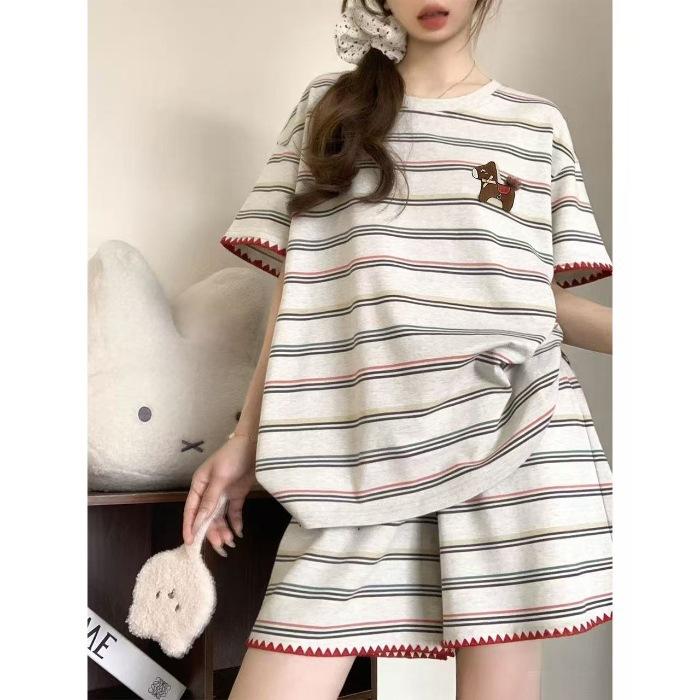 Live stream new striped shell embroidered vest shorts set pajamas women s imitation cotton loungewear M