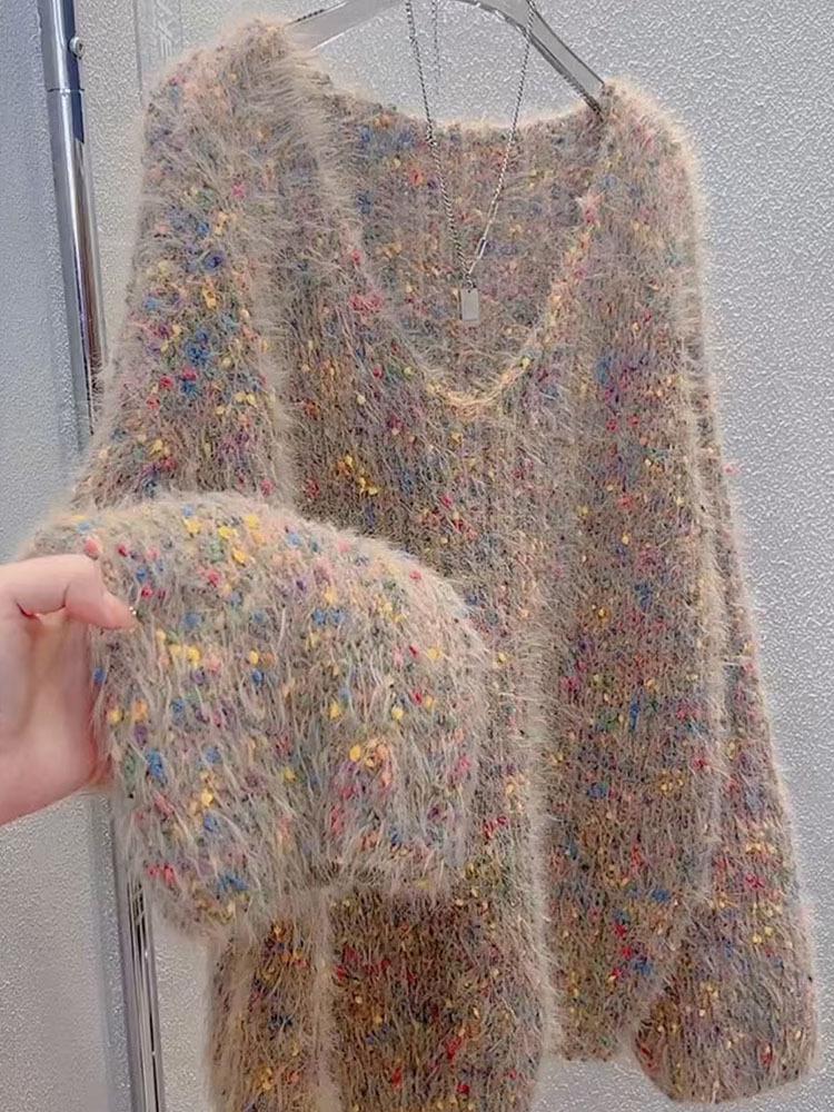 Women's High-End Colorful Polka Dot Sweater - Autumn/Winter 2024, Round Neck, Short, Thick Wool Pullover