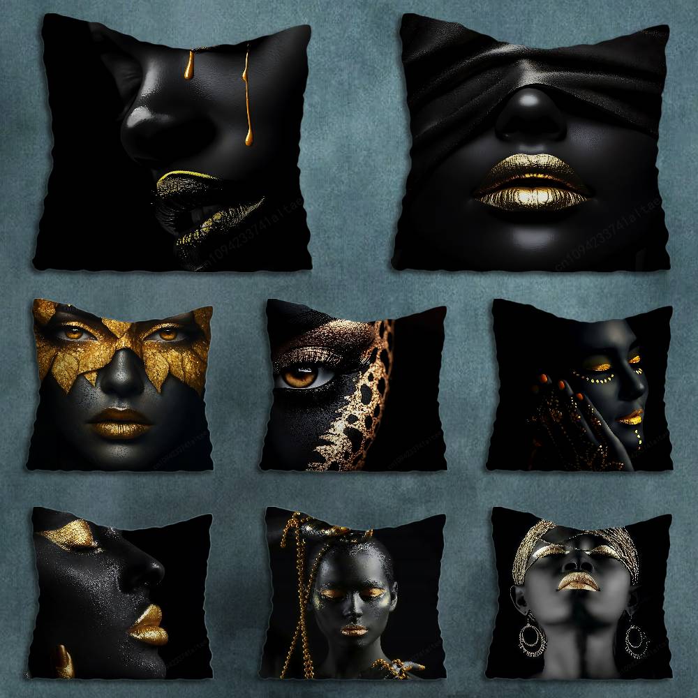 Golden Makeup Art Black Skin Throw Pillow Case Living Room Sofa Cushion Cover For Home Bedroom Decoration Protector