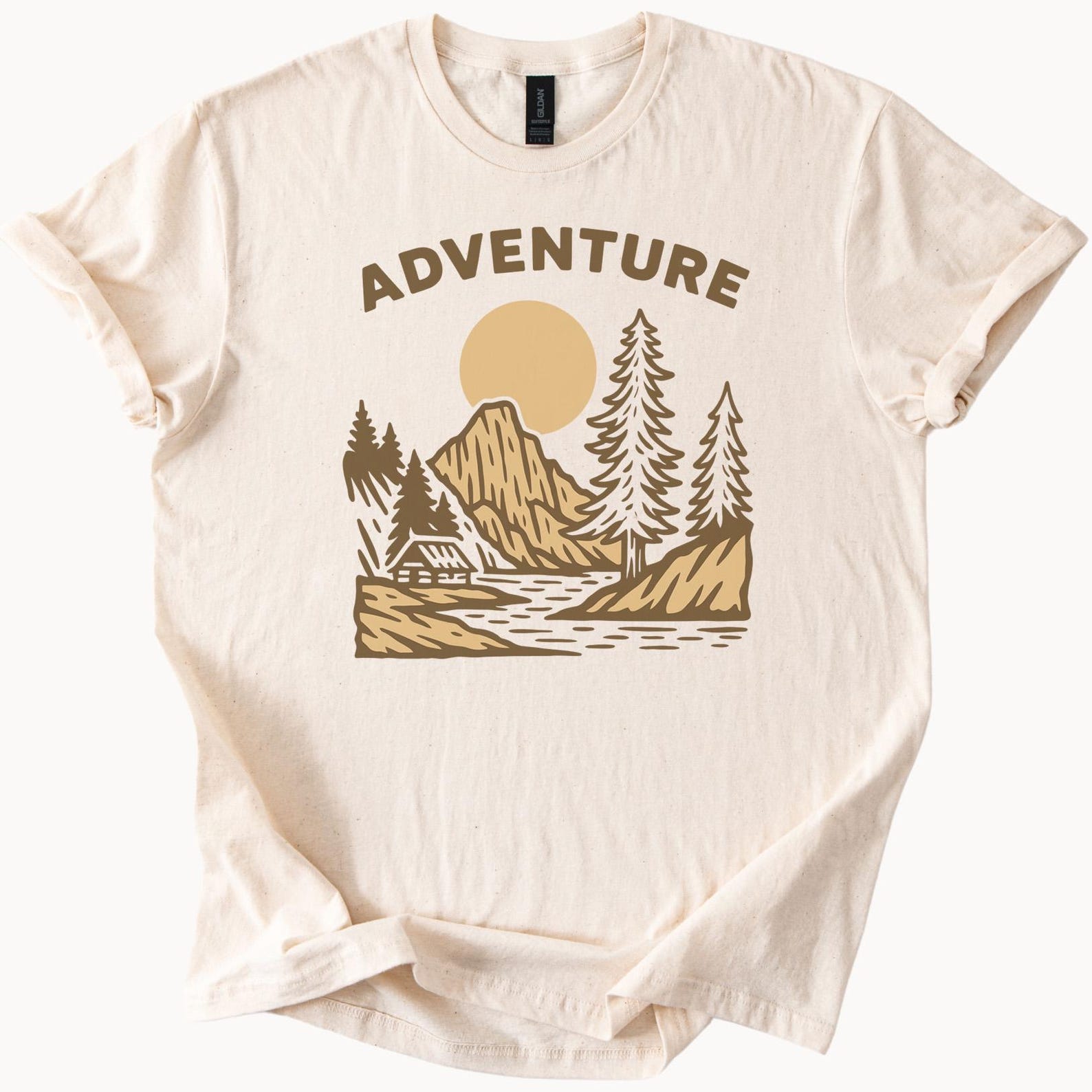 Adventure Mountain Cabin River Sunrise Graphic T Shirt Outdoors Nature Scene Hiking Landscape Shirt Camping Wilderness Explorer Tee 140
