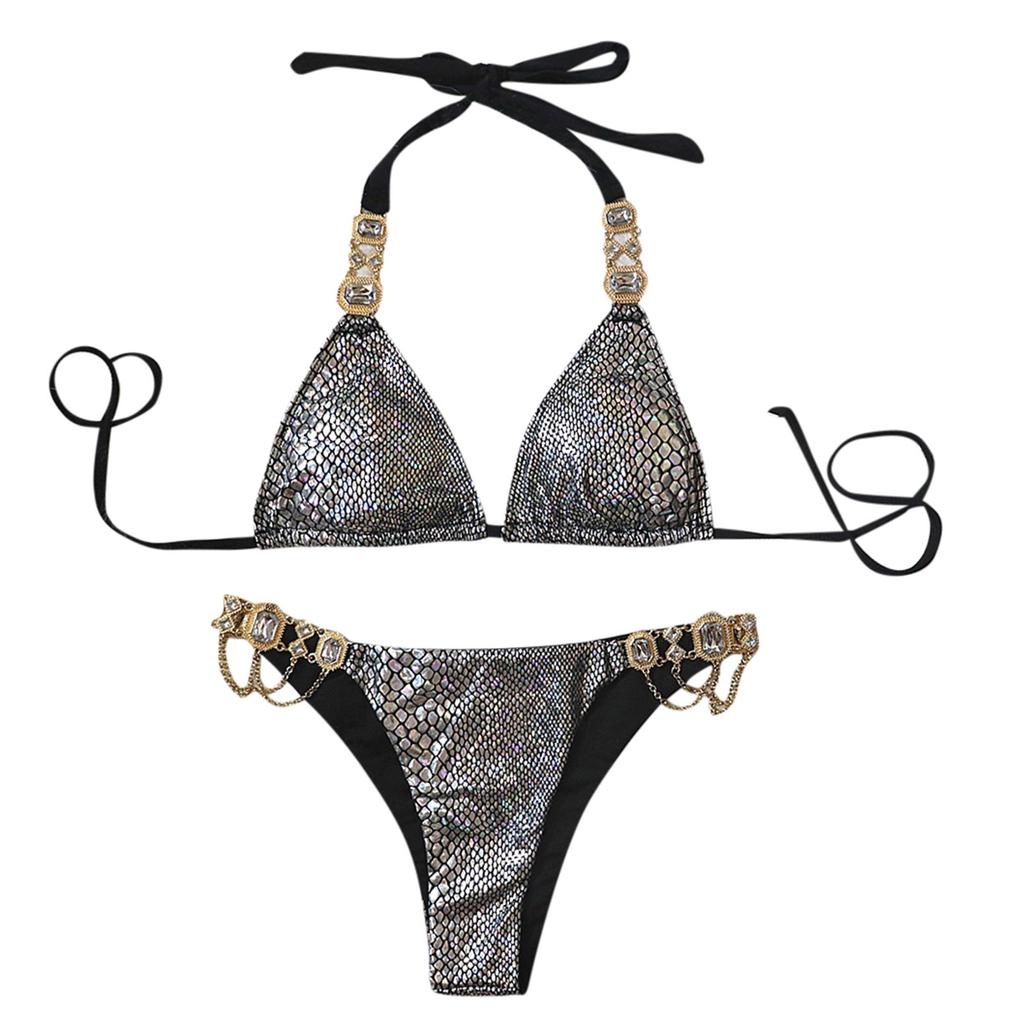 Women's Two Piece Bikini Set Metal Accent Halter Neck Backless Design Adjustable Straps Swimwear Beachwear