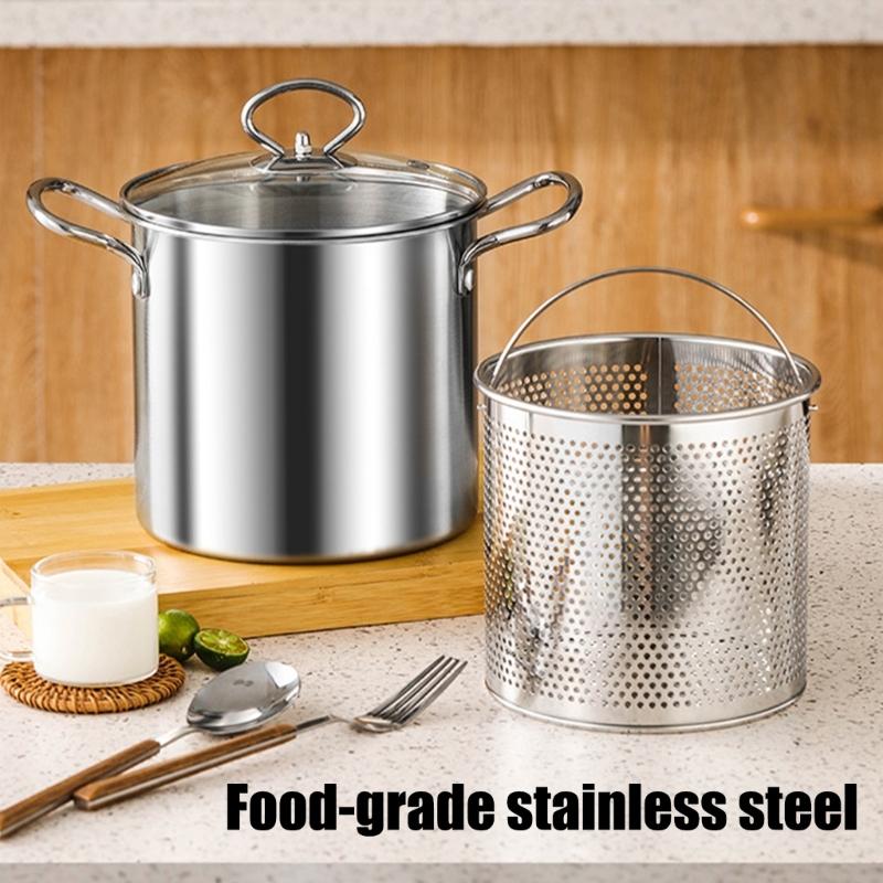 Multi Functional Stainless Steel Cooker Pot With Frying Basket Heat Resistant Lid Even Heating Design Works On Gas Induction