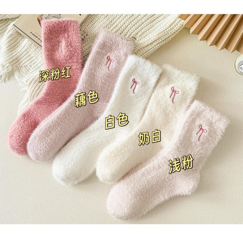 Socks autumn and winter mink velvet home plush women thickened bow medium tube sweet sleep warm sweet mink velvet