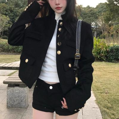 Retro Hübscher Schwarzer Kleiner Duftender Stil Kurzer Mantel Damen Herbst Neu Lässige Schulterjacke Oberteil