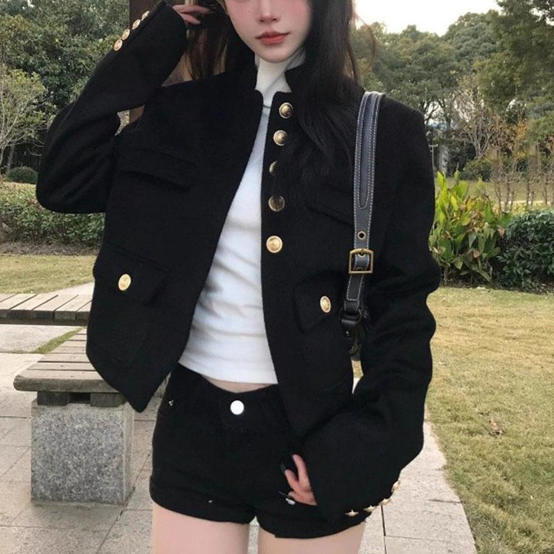 

Ретро Красивый Черный Маленький Ароматный Стиль Короткое Пальто Женщины Осень Новый Повседневный Пиджак с Плечами Топ S чёрный