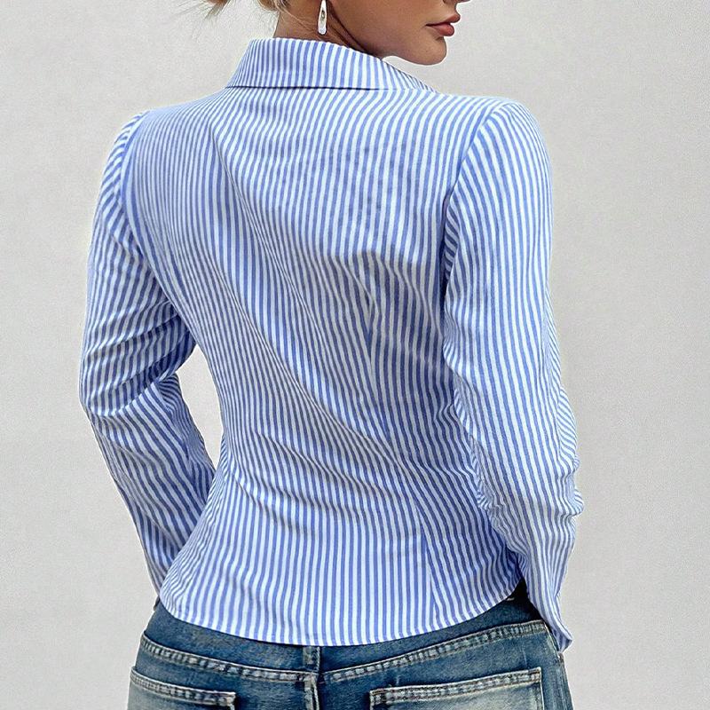 Women Shirt spring Autumn Polo Neck blue stripe button Long Sleeve Workwear Office Lady Casual slim Cardigan Blouse short Shirts
