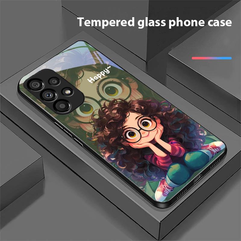 Mädchen mit lockigen Haaren für Samsung Galaxy S10 20 Plus 21 FE 22 23 24 FE 25 Ultra Schwarz Hartschale Handyhülle aus gehärtetem Glas