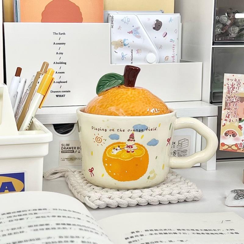 New Year's Gift Cute Orange Water Cup Boys and Girls Souvenir Gift Box High Value Ceramic Mug with Lid Spoon