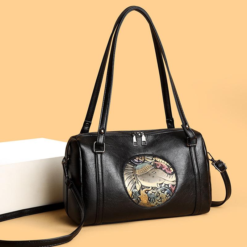 New Retro National Style Auspicious Embossed PU Women's Bag Shoulder Messenger Bag Fashionable Versatile Bucket Bag