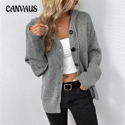 Autumn and Winter Women's Drawstring Knit Cardigan Jacket Solid Colour Hooded Single-breasted Sweater