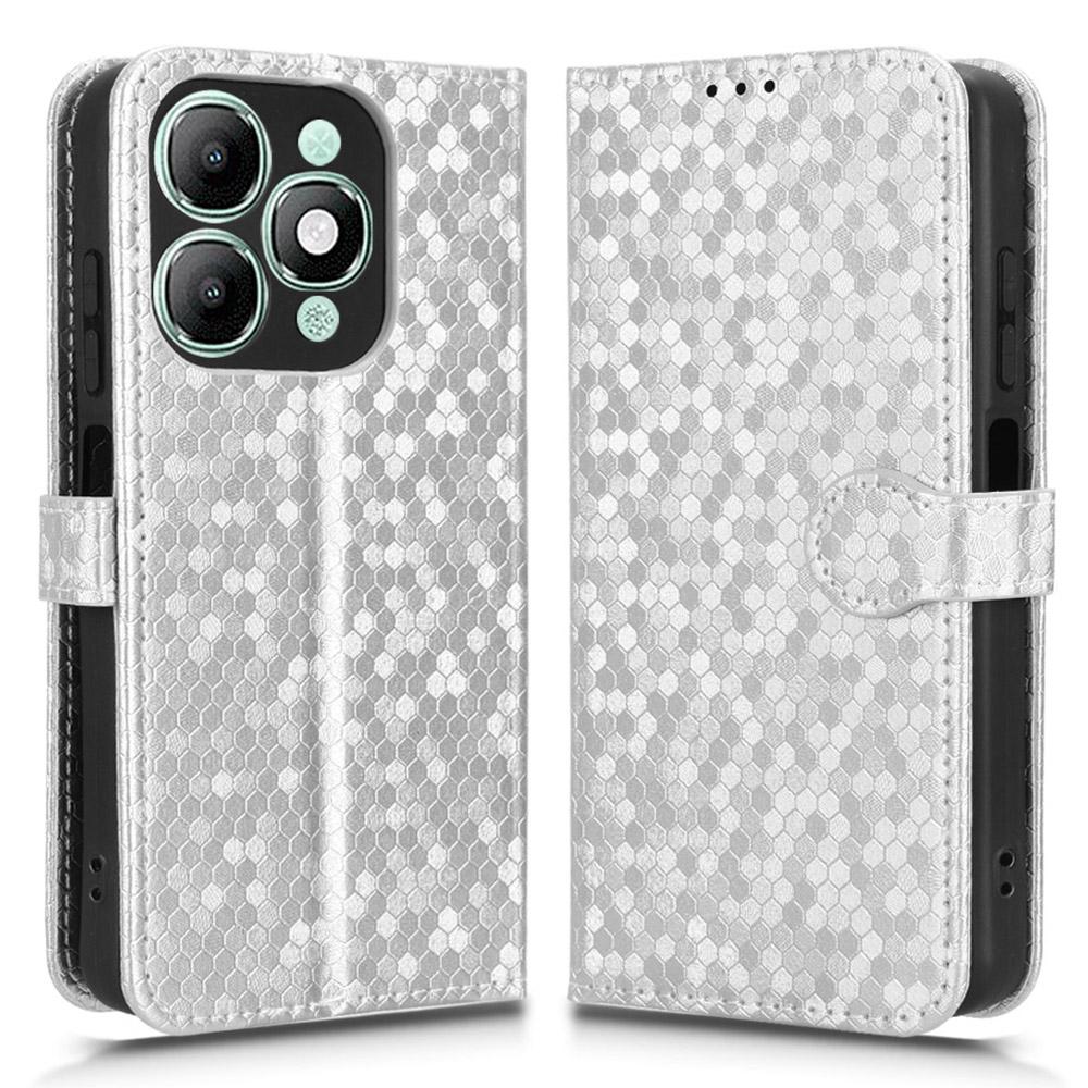 

For itel A90 4G Wallet Case Dot Pattern Imprint PU Leather Phone Cover with Wrist Strap Silver