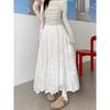 DIMANAF 2025 Summer Women New White Skirts Vintage Elastic Pleated Elegant  Long Skirts Lace High Waist