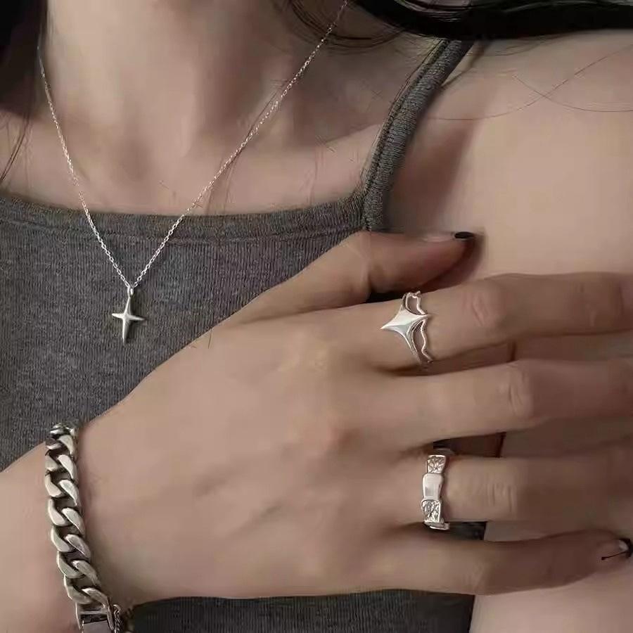 Korean Version of the Star Stacked Rock Pattern Ring 925 Sterling Silver Ins Wind Index Finger Ring Sweet Cool Ring Tide