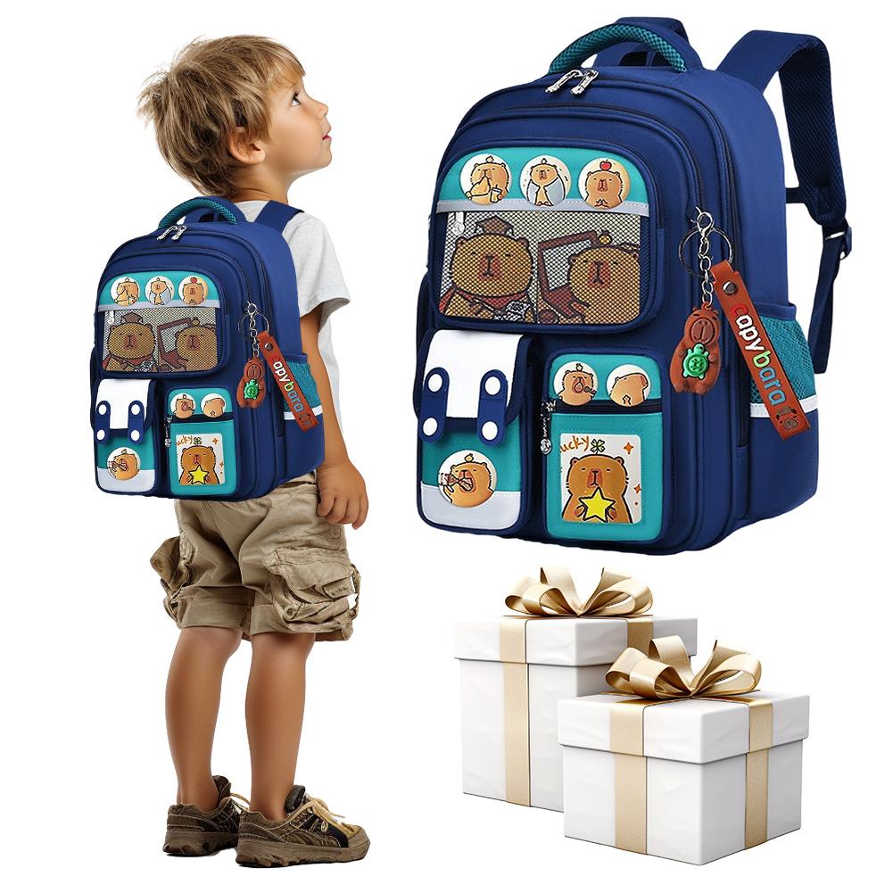 Zaino Capibara per Bambini Protezione Schiena Cartella Scolastica Studente con Portatessere Bambola Impermeabile Grande Capacità Borse per Libri Cartoni Animati