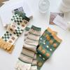 Flower Split Toe Short Socks Stripe Grid Toe Separator Socks Elastic Toe Mid-calf Socks  Women