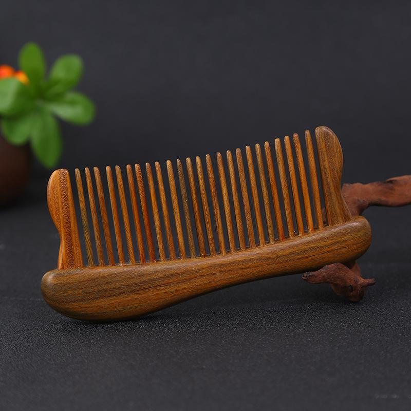 Green Sandalwood Carved Long-Handled Massage Comb for Women