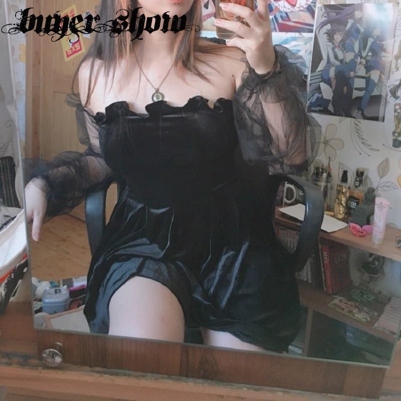 Goth Dark Mesh Vintage Gothic sukienki Egirl 2021 estetyczny przezroczysty pasek plisowana sukienka Chic Punk Hip Hop Grunge Emo Y2K Chic