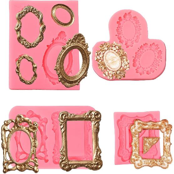 Giantree 4Pcs Frame Fondant Mold, Chocolate Silicone Mold, Baroque Style Candy Picture Frames Polymer Clay Molds, Resin Photo Frame Fondant Mold for