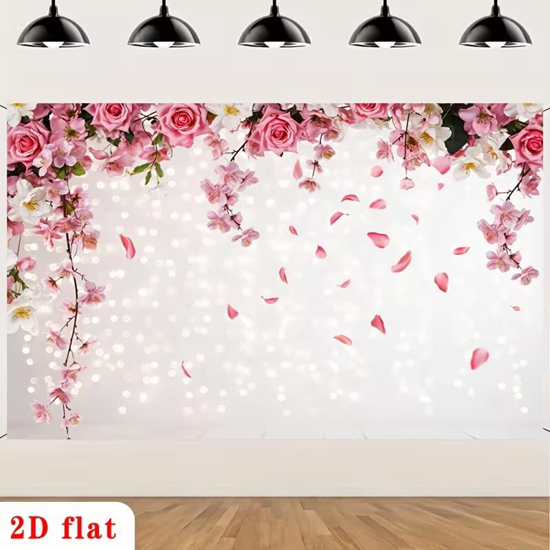 2D Elegant Pink Rose & Sakura Backdrop with Trailing Blooms and Glowing Lights