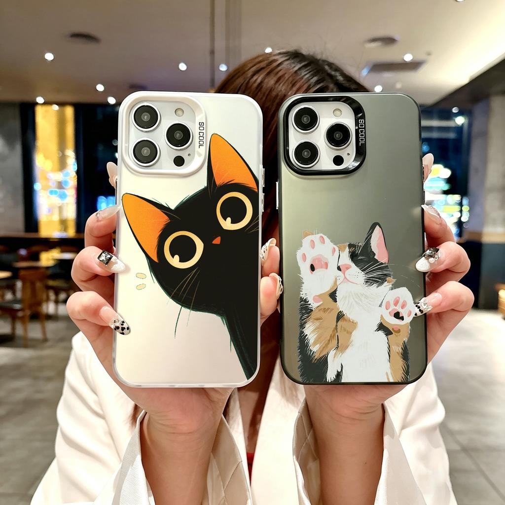 Color Phone Case For iPhone 17 16E 16 11 15 14 Pro MAX 12 13 MINI 7 8 Plus XR SE Silver Plated IMD Cover Lovely Cat Playing Fun