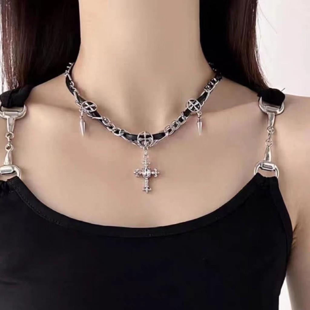 Trendy Cross Rhinestone Choker Necklace And Bracelet Set For Women Punk Style Gothic