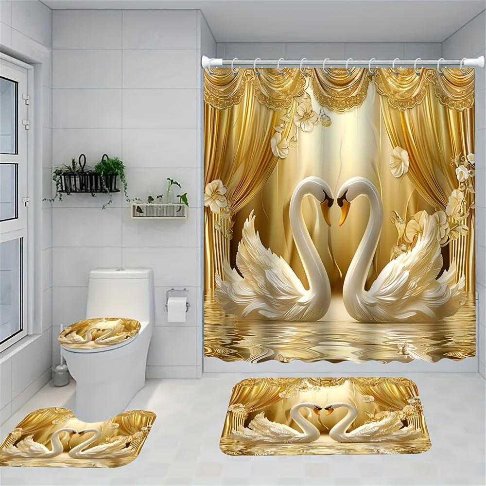 Luxurious Golden Swans and Curtains Bathroom Set - Waterproof Shower Curtain, Toilet Lid Cover, Bath Mat, and Contour Mat