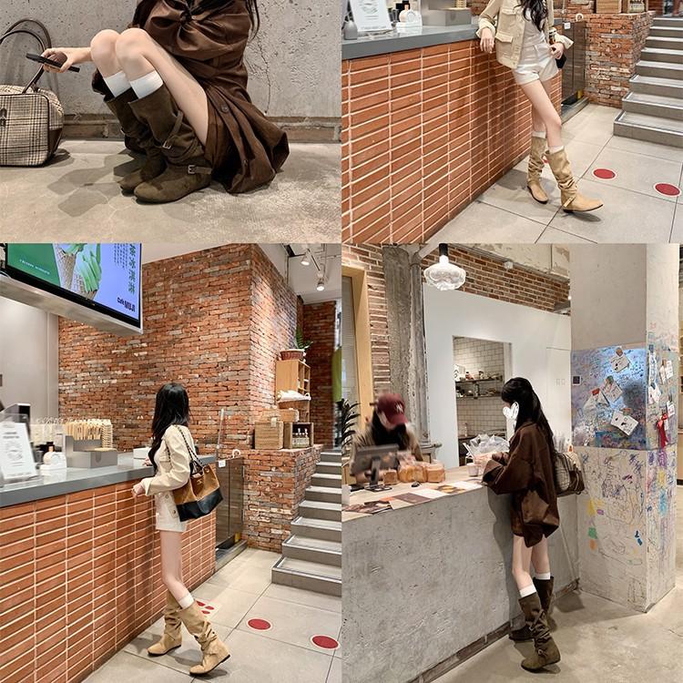 [Su Yinyin] Norwegian stacking boots~ 5cm inner height increase cross buckle medium height cowboy boots women's western boots