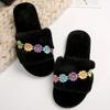 Fashion Flower Embroidery Plush Slippers Women Soft Black Faux Fur House Cotton Slides Woman Indoor Non Slip Flat Heel Fur Slippers Lady