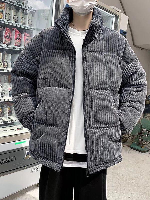 Men's Striped Cotton Winter Coat with Stand Collar and Thick Fleece, Couple's Style.