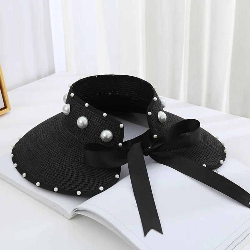 Foldable Empty Top Straw Hats For Women Summer White Imitation Pearl Beach Visor Caps UV Protction Adjustable Ribbon Sun Hat